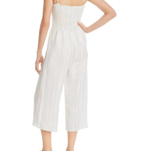Chaser Beach Linen Tie Front Smocked Cami Cropped Jumpsuit Stripe Sz M Pockets - Picture 2 of 14